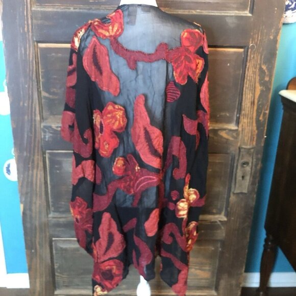 Chicos Kimono Open Front Sheer Embroidered Large Flowers Red & Black Large - Picture 3 of 7
